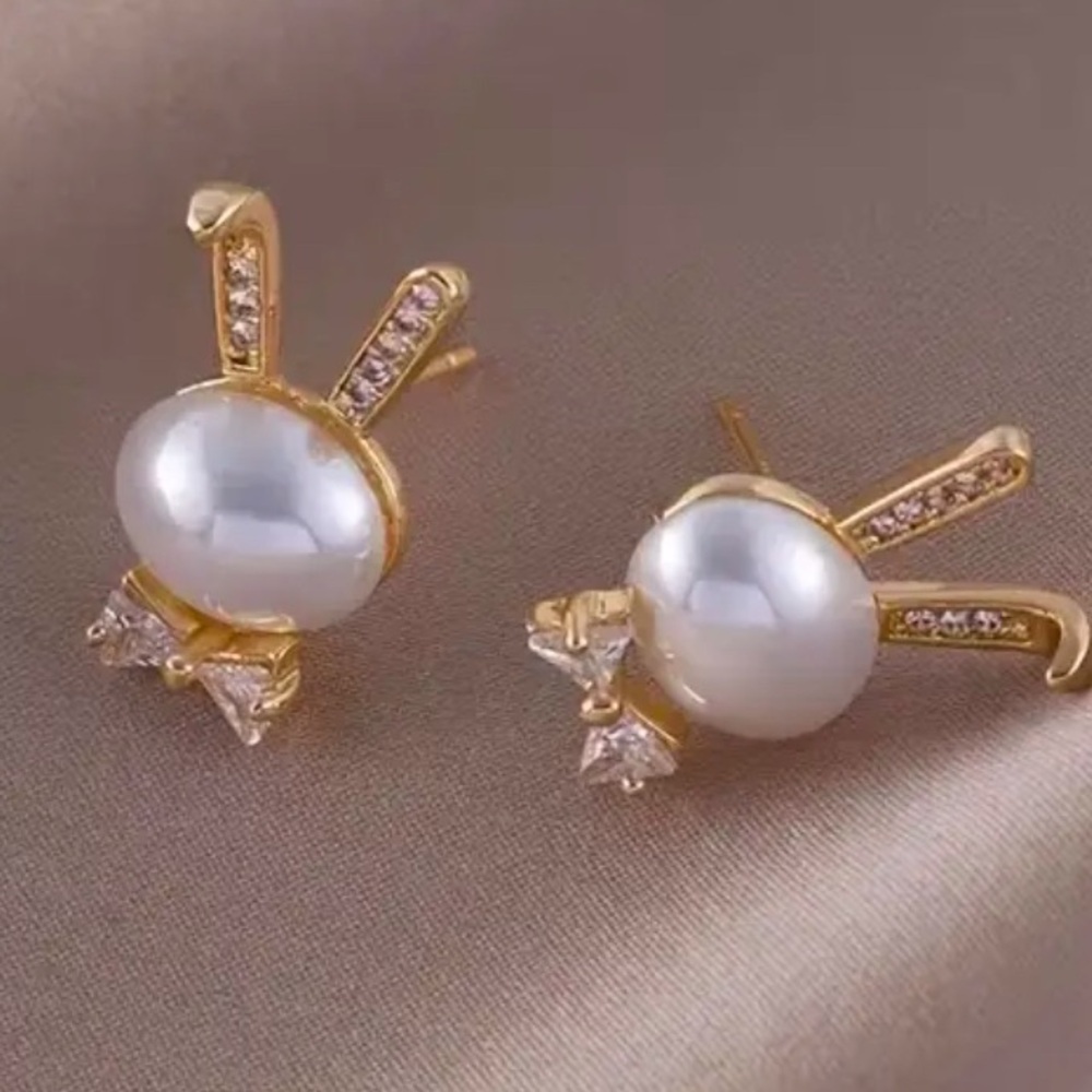Bunny Rhinestone | Pearl Bougie Ears & Bow Tie Stud Gold Tone Earrings LAST PAIR - Picture 4 of 10